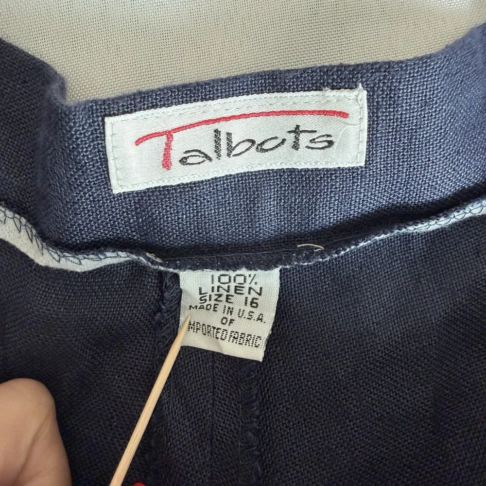 Talbots Linen Pants Sz 16 Navy Blue Straight Leg Pleated Preppy Church‎ Office